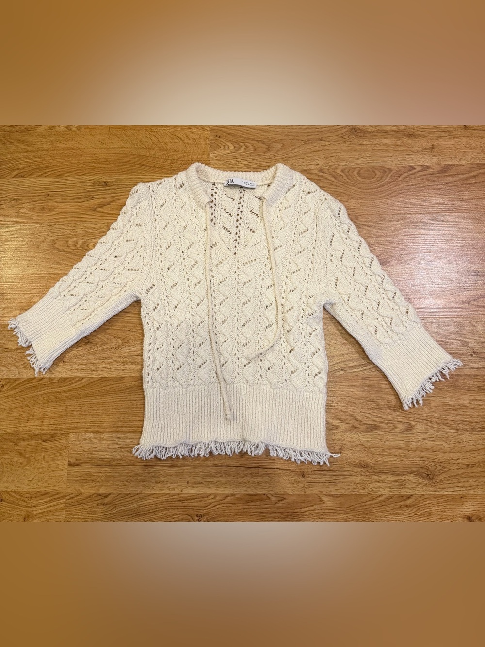 Zara Open Knit Lace Up Fringe Sweater